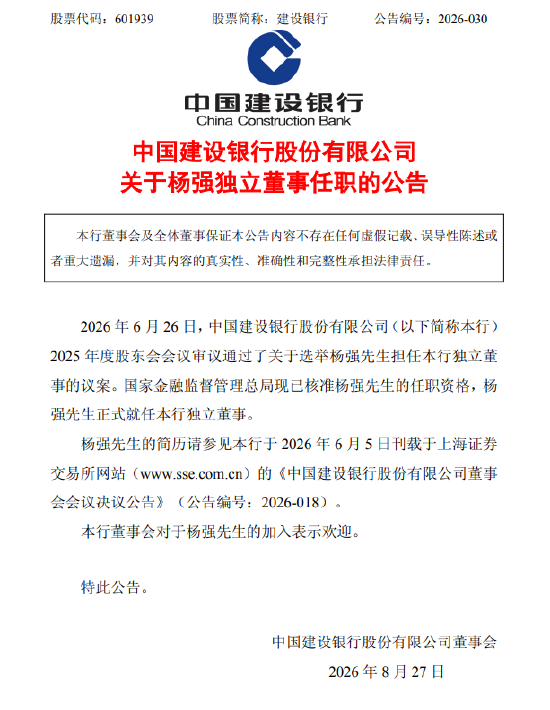 建设银行:监管已核准杨强独立董事的任职资格
